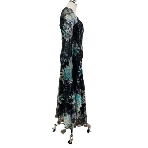 Komarov Sheer Pleated Long Sleeve Tiered Dress Watercolor Floral Green Black - Picture 7 of 8